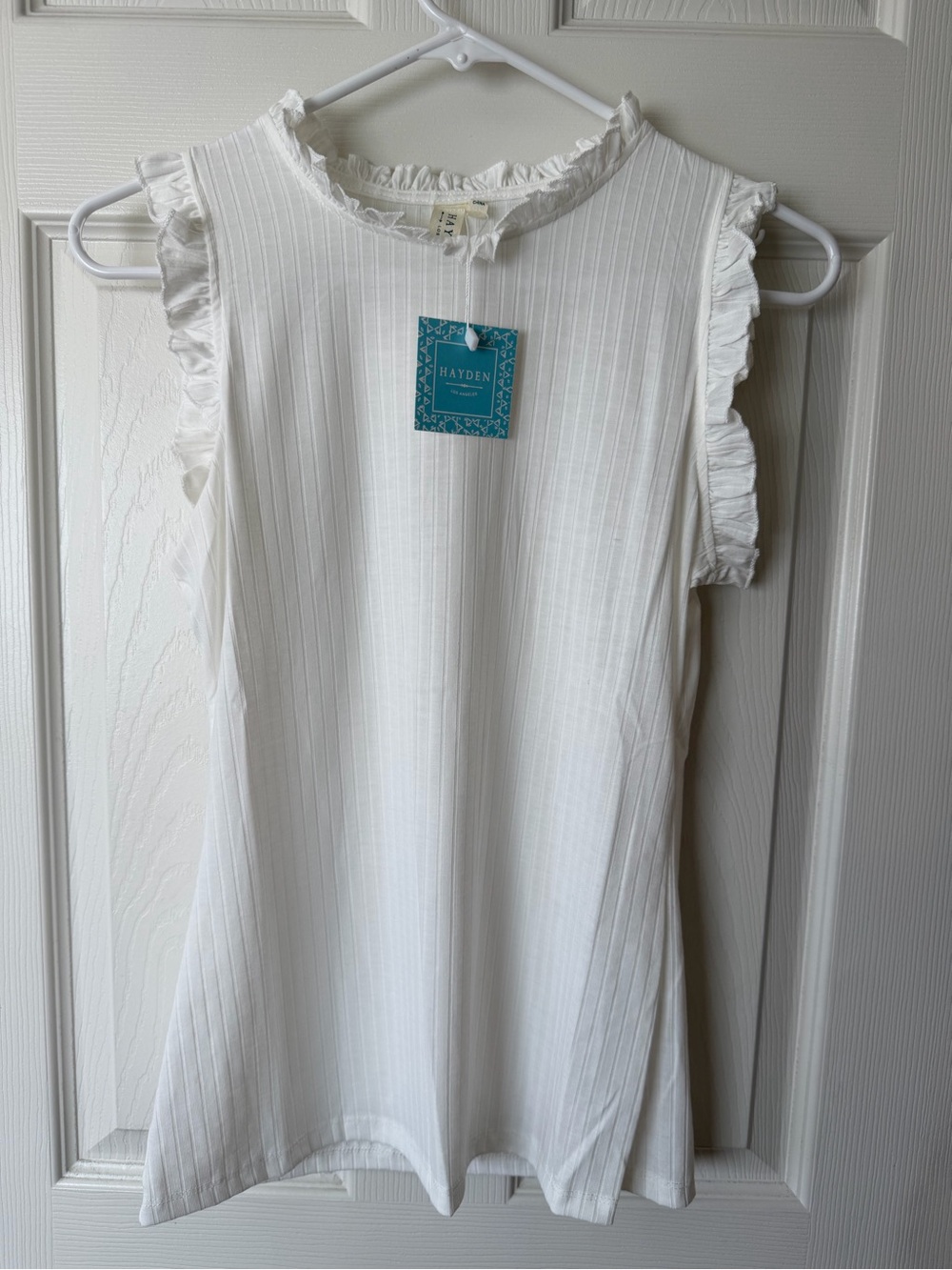 Hayden White Ruffle Sleeve Ribbed Tank Top